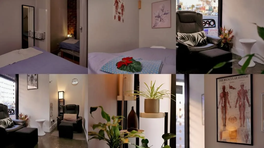 Collage of Ladda Thai Massage treatment rooms and waiting area — mirror, beds, anatomy poster, plants and chairs
