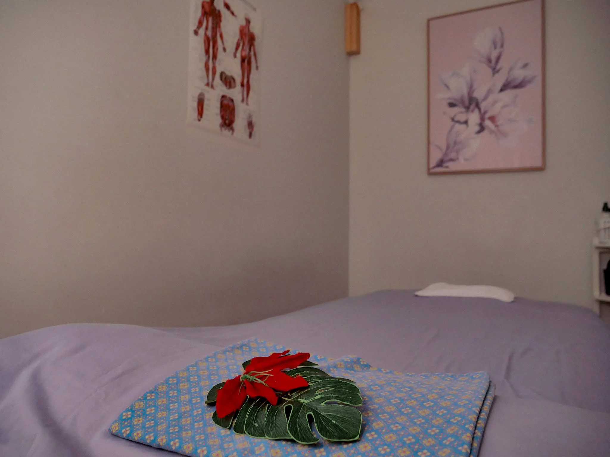 Ladda Thai Massage treatment room with lilac bed, anatomy poster and framed magnolia print